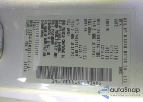 2019 Nissan Nv200 Sv z USA, uszkodzony, nr VIN 3N6CM0KN1KK693485